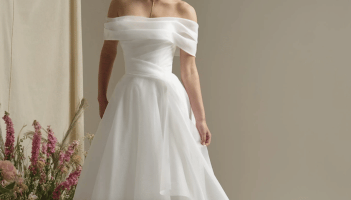 Bride with a pear body shape wearing a wedding dress