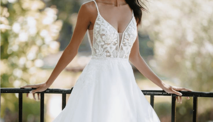 White v-neck wedding dress with lace