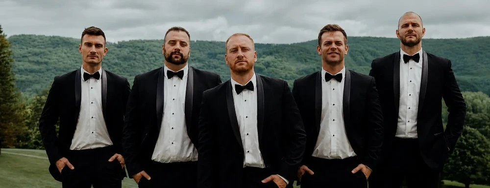 A groom and groomsmen in tuxedos rented from Formalities in Bellefonte, PA