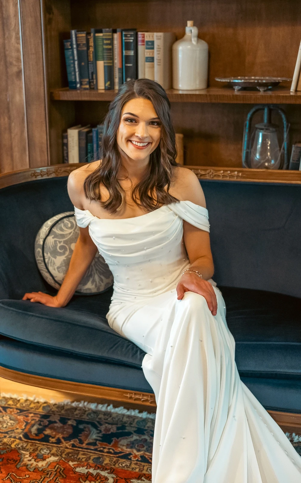 Bride wearing an off-the-shoulder wedding dress at Formalities near DuBois, PA