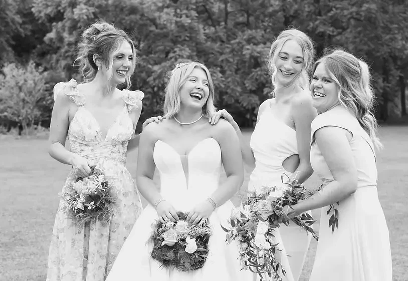 bride and bridesmaids black and white photo