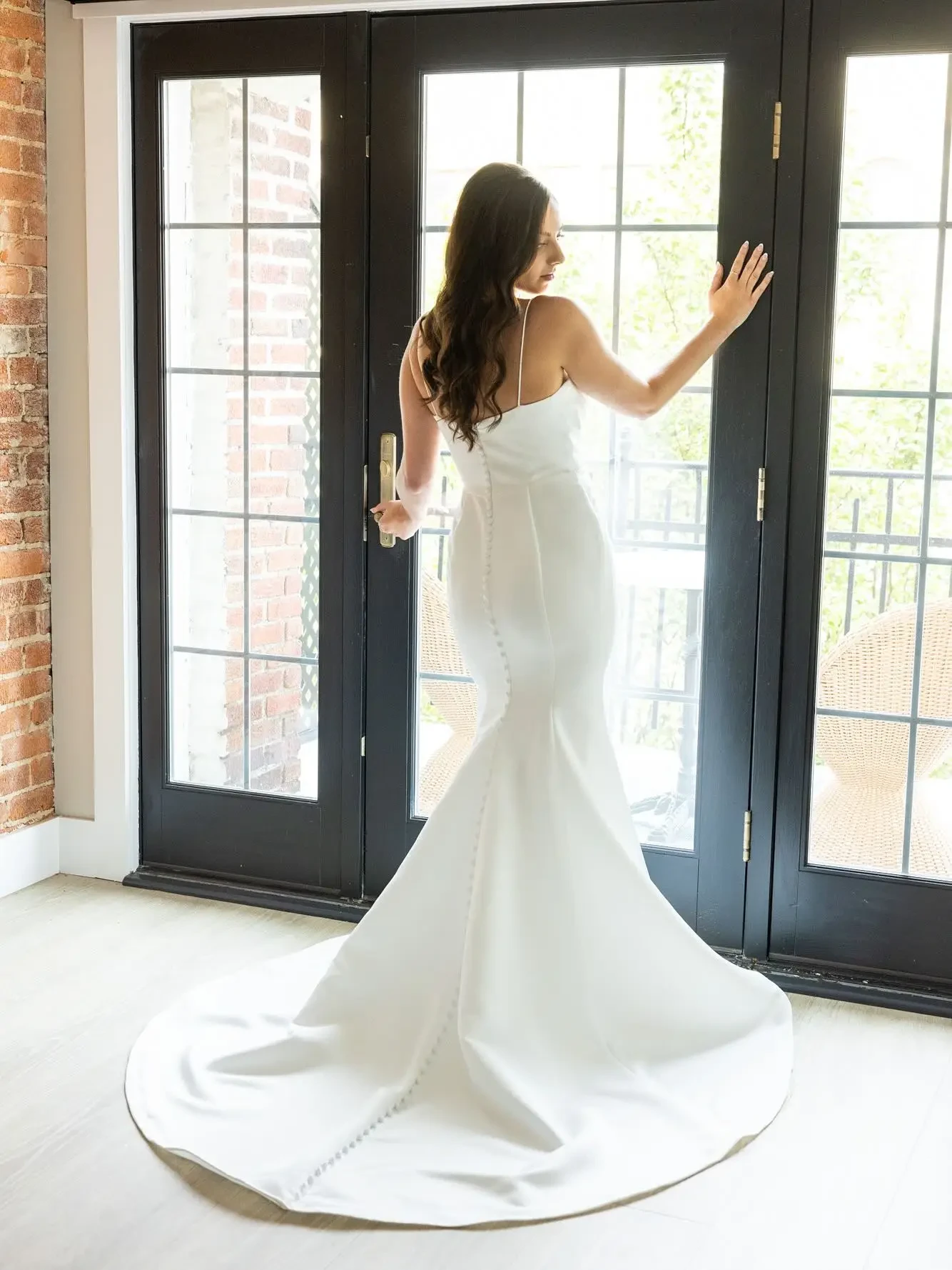 A classic sheath satin gown from our Atta Lee collection