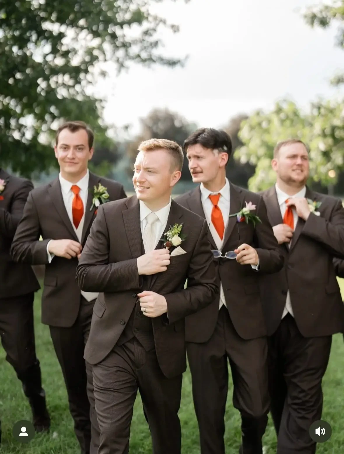 men wearing chocolate color tuxedos